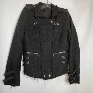 FATE Womens Black Wool Blend Moto Jacket Frayed Boucle Biker Small Goth Street